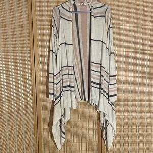 Artisan NY Womens L  Lagenlook Long Open Cardigan Ivory Pink Gray Linen Blend‎